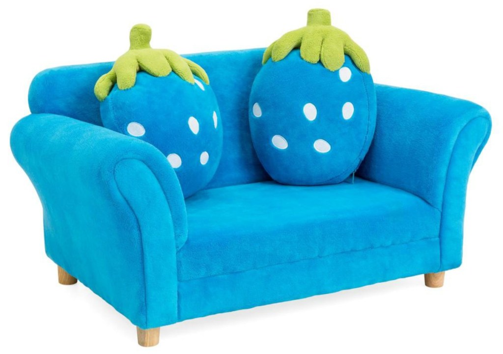 blue kids sofa with strawberry shaped pillows