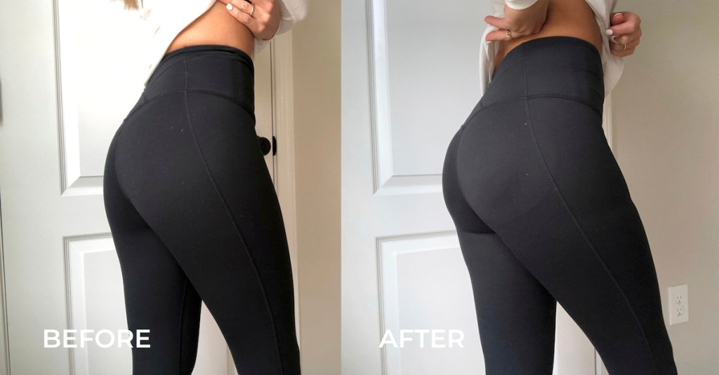 before and after of butt enhancer wearing black leggings