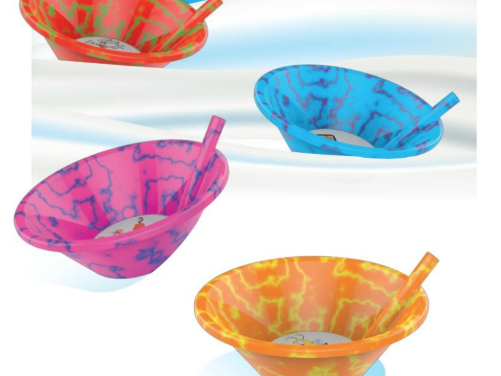 four colored cereal bowls