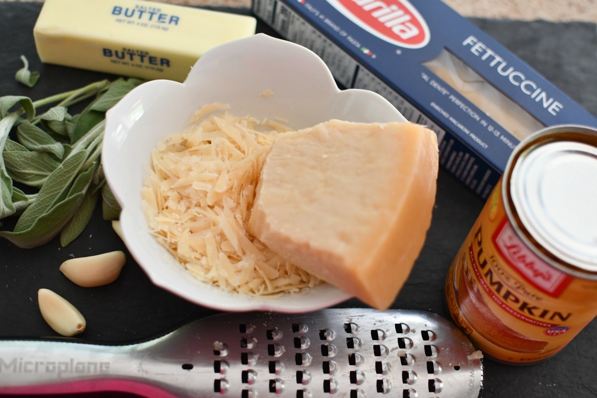 easy pumpkin alfredo ingredients on a cutting board