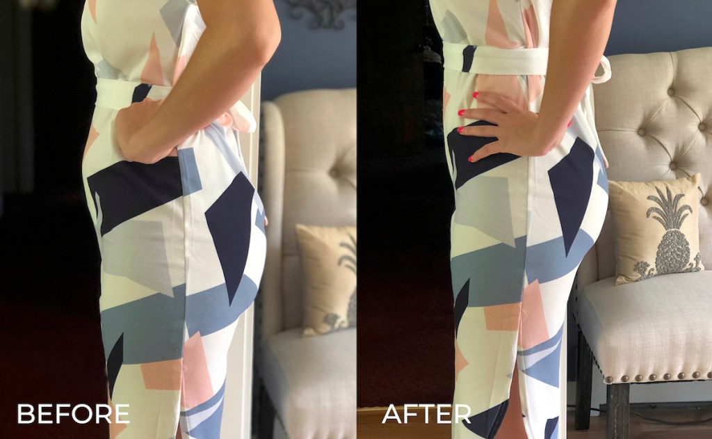 before and after of geometric dress with shapewear