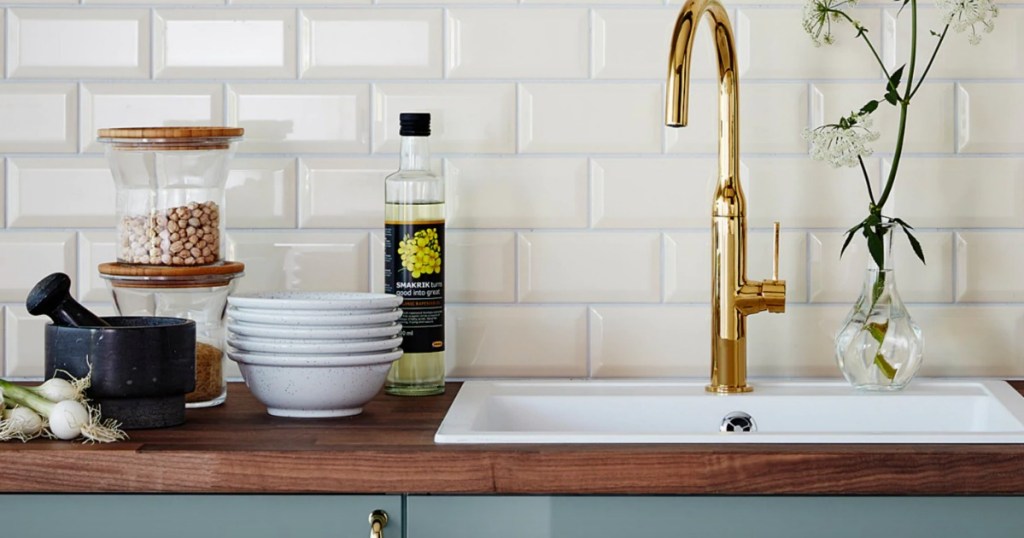 modern kitchen with IKEA walnut countertop