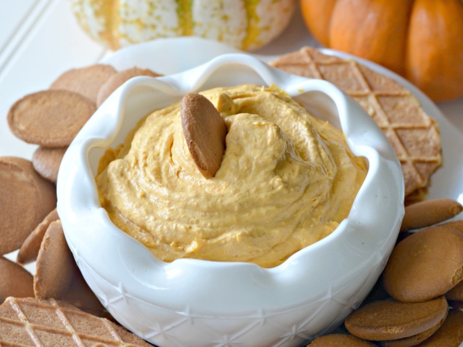 pumpkin pie dip in a white bowl