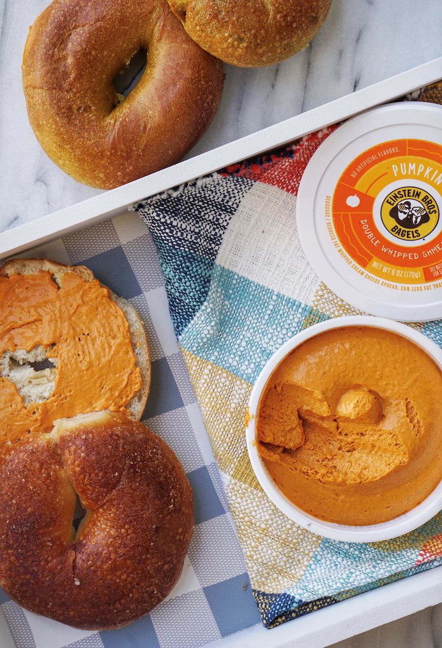 pumpkin smear and bagels at Einstein Bros Bagels 