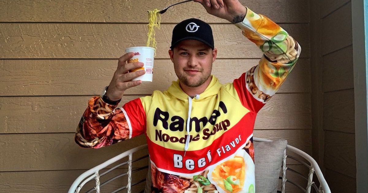 man wearing a ramen noodles hoodie