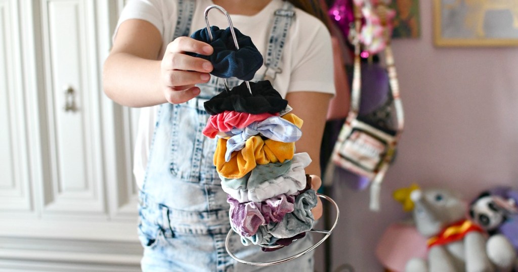 scrunchies on a paper towel holder from dollar tree