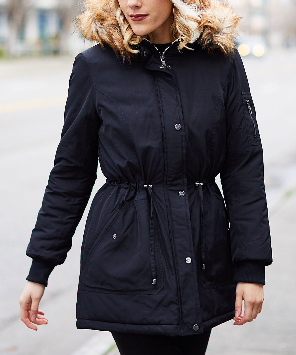 woman wearing Black Twill Faux Fur & Sherpa Anorak