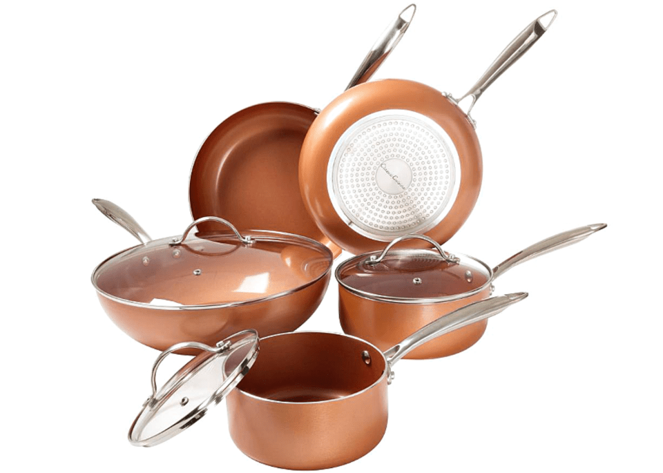 stock image of copper cookware set