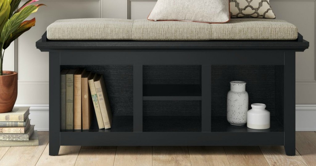 black storage bench with cubbies