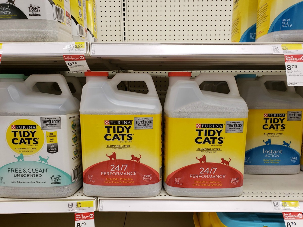 jugs of tidy cat litter on target shelf