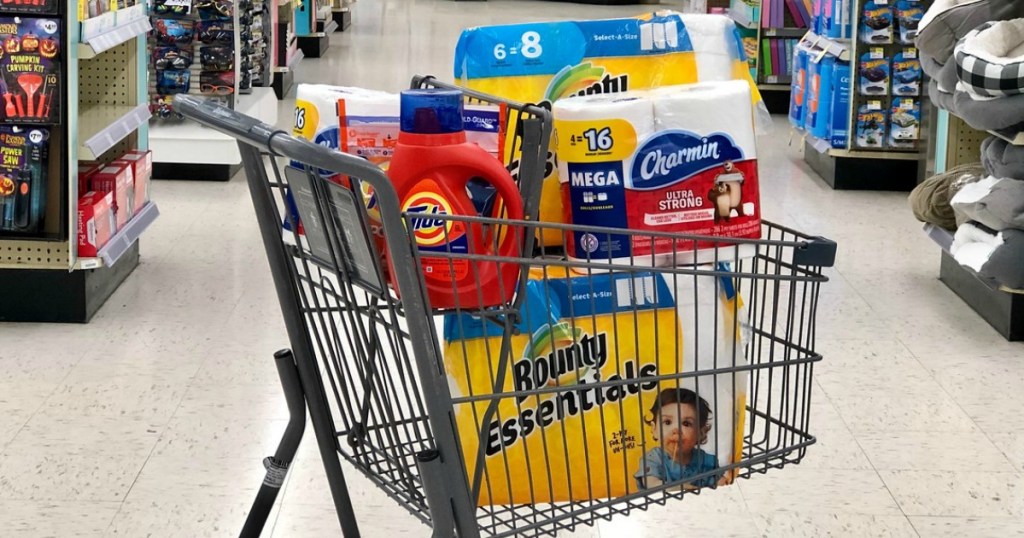 tide liquid laundry detergent, pods, bounty essentials paper towels and charmin mega roll toilet paper at walgreens