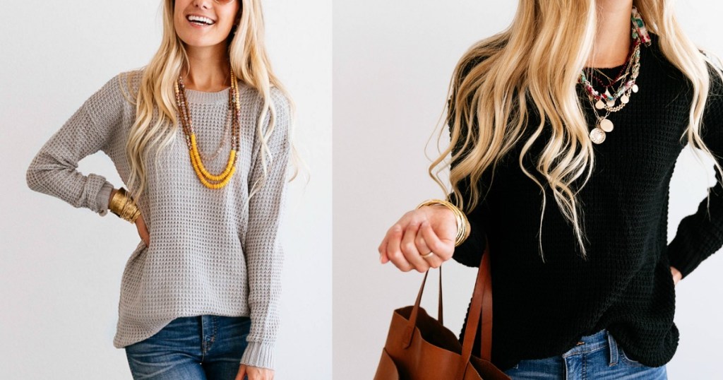 women wearing waffle neck sweaters