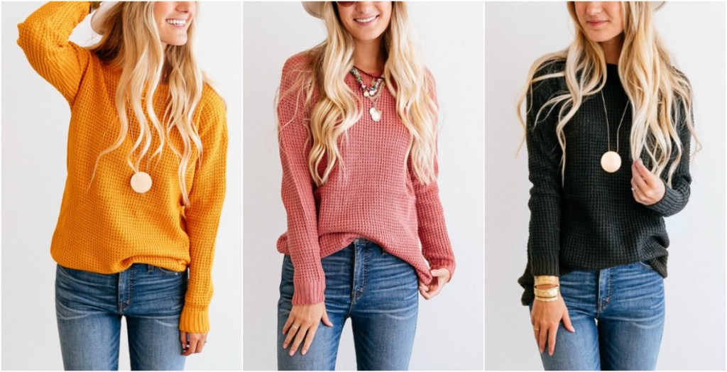 3 views of a woman wearing yellow, pink and gray waffle knit sweaters