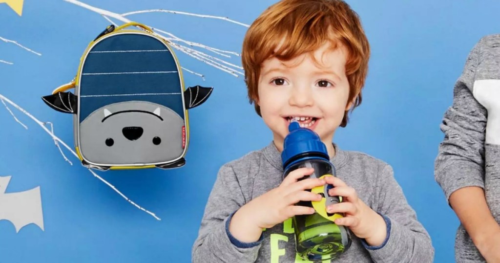 Kid with Bailey Bat Skip Hop Lunch Box and Water Bottle