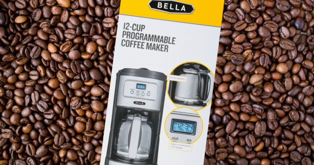 Bella Classics 12-Cup Coffee Maker with coffee bean background