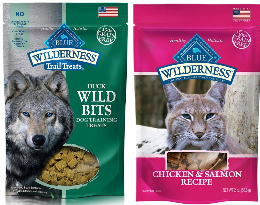 Two varieties of Blue Buffalo brand dog and cat treats in packages