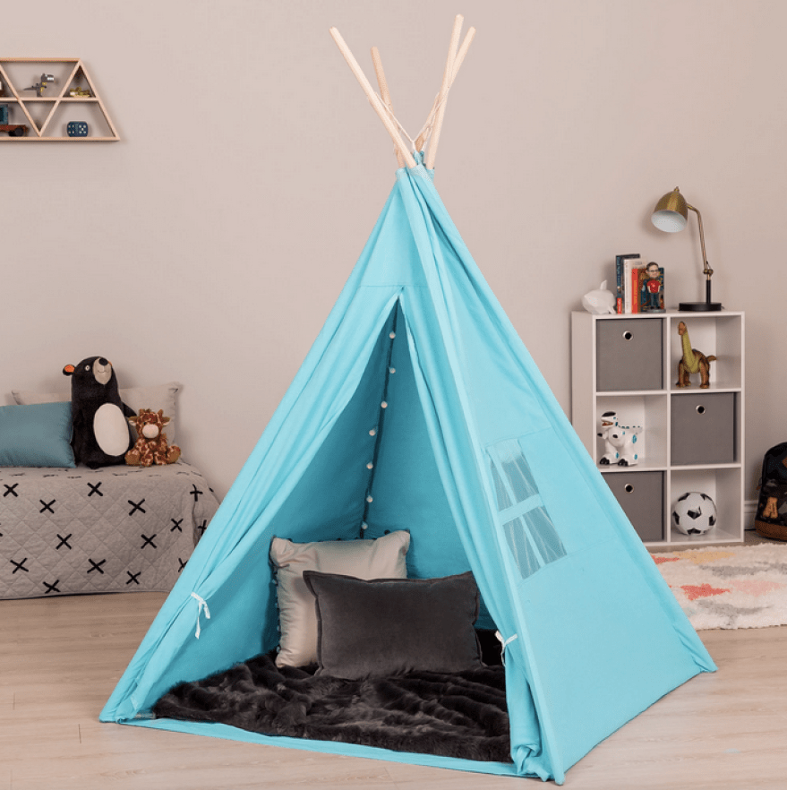 Blue Kids Cotton Teepee w/ LED Lights in bedroom