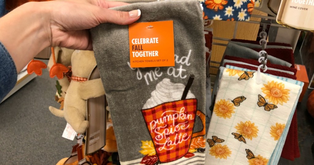 hand holding Celebrate Fall Together Pumpkin Spice Latte Hand Towel