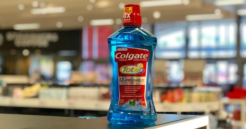 Colgate Total Mouthwash sitting on a shelf