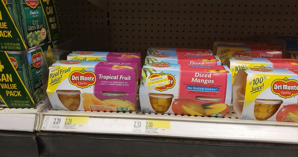 boxes of del monte fruit cups on shelf at target