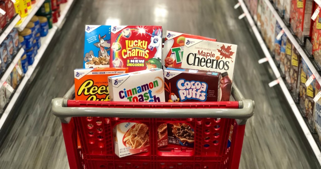 boxes of cereal in cart at target