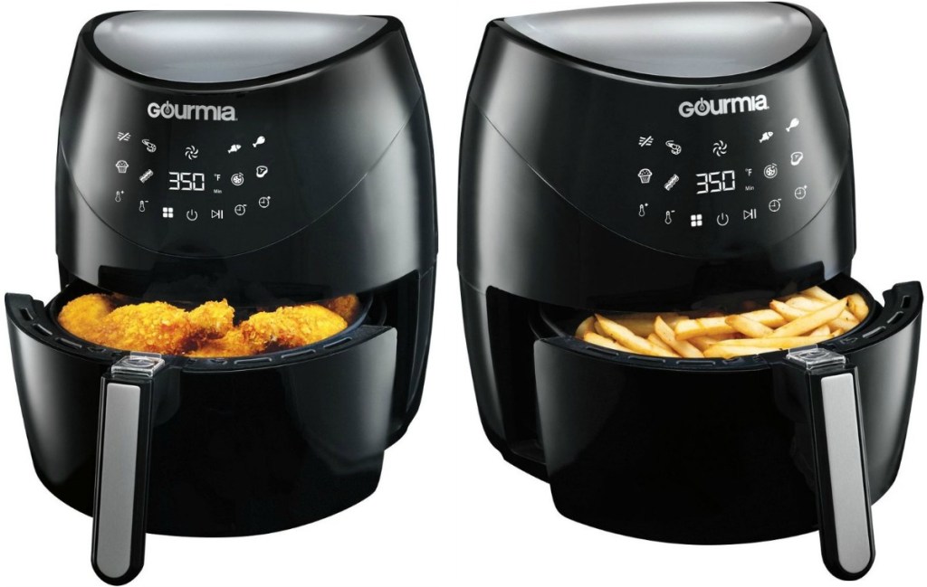 Gourmia brand air fryer at two angles - one with chicken, one with fries