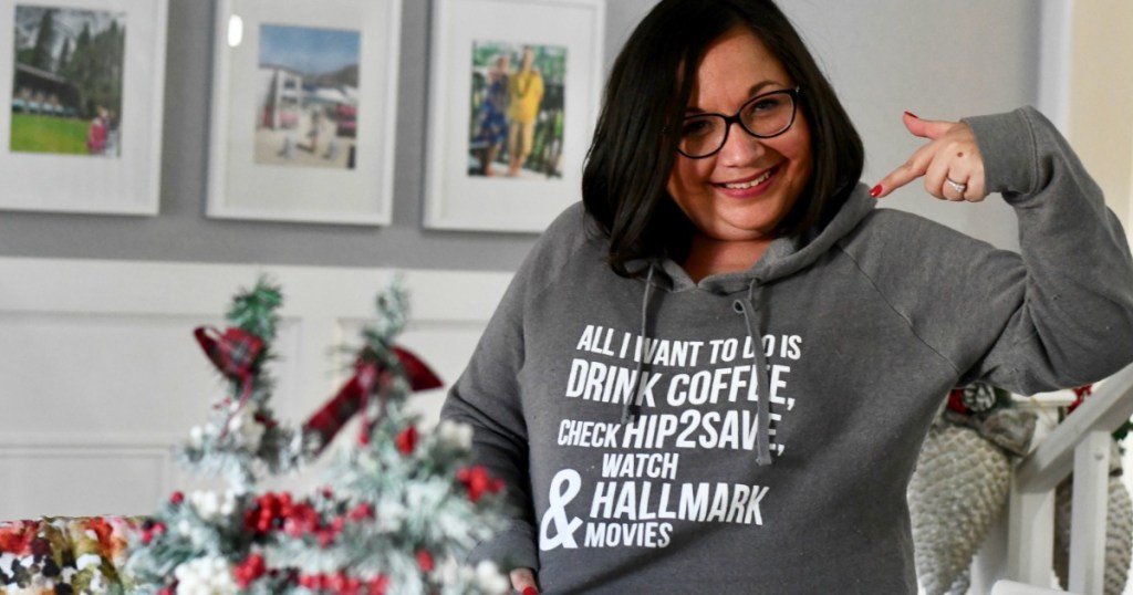 Lina wearing Hip2Save Hallmark Movies Sweatshirt