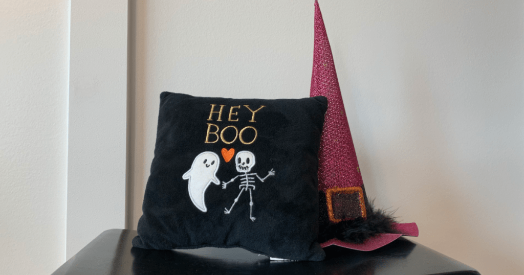 Hey Boo Throw Pillow with Witch's hat