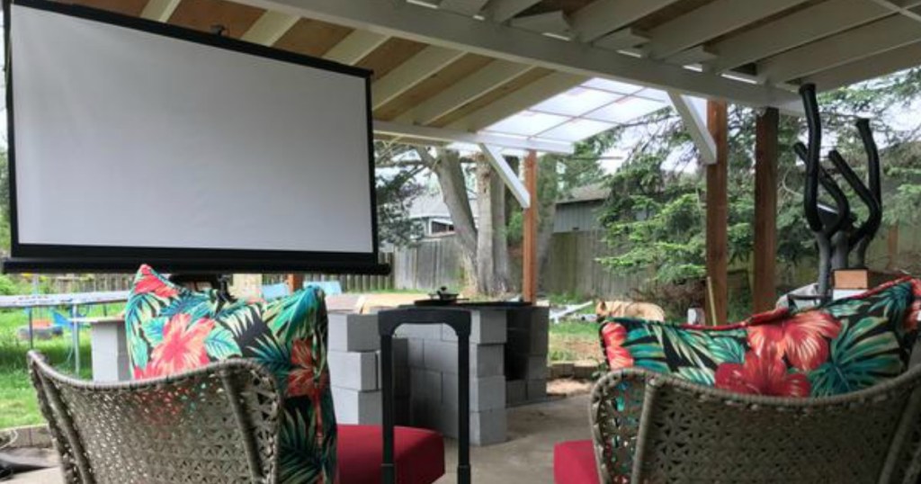 Insignia projector screen on a patio