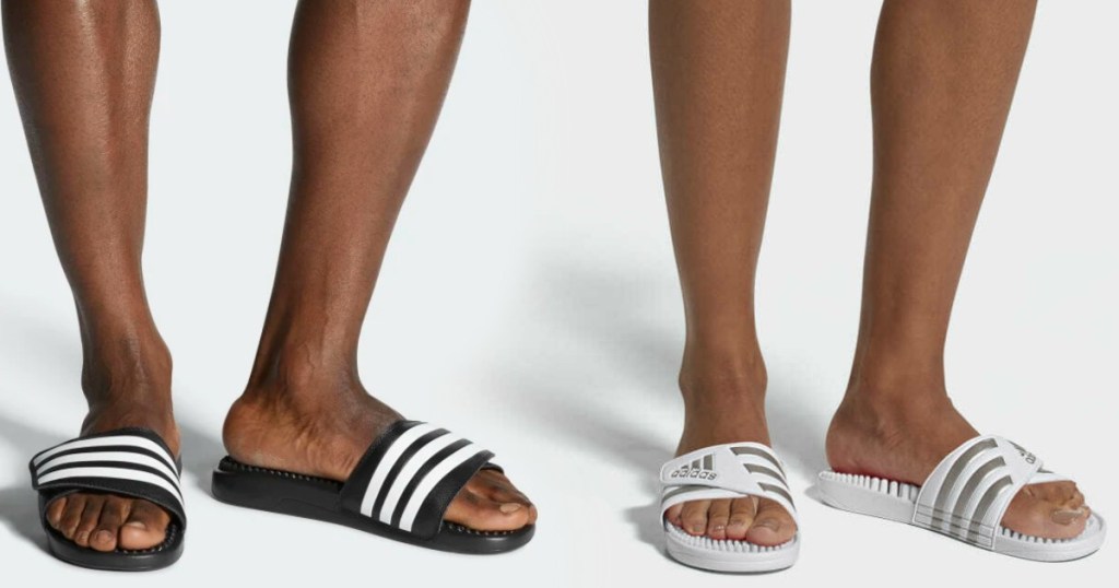 Man and Woman wearing adidas brand slide sandals