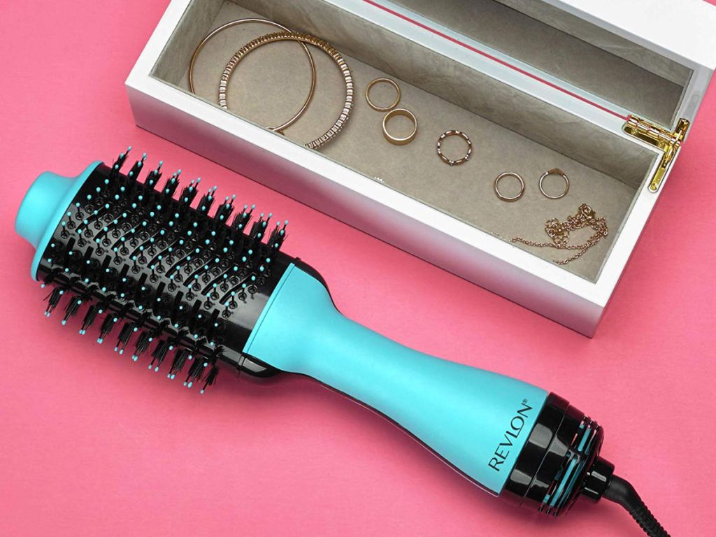 Mint Revlon Blow Dryer on pink background with jewelry box