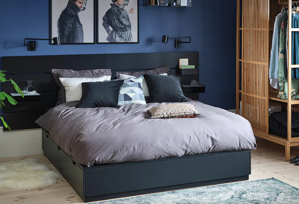 navy platform bed with headboard