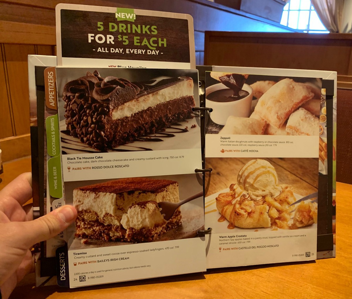 Dessert Menu at Olive Garden in restaurant at table