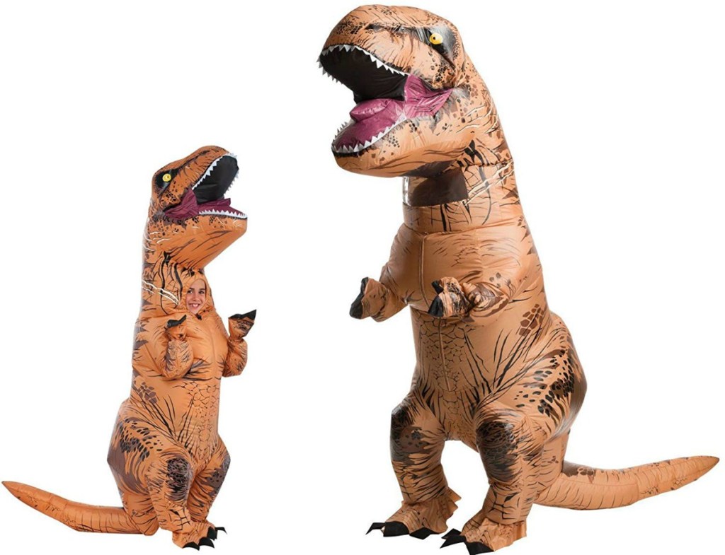 adult and child wearing Rubie's inflatable t-rex costumes