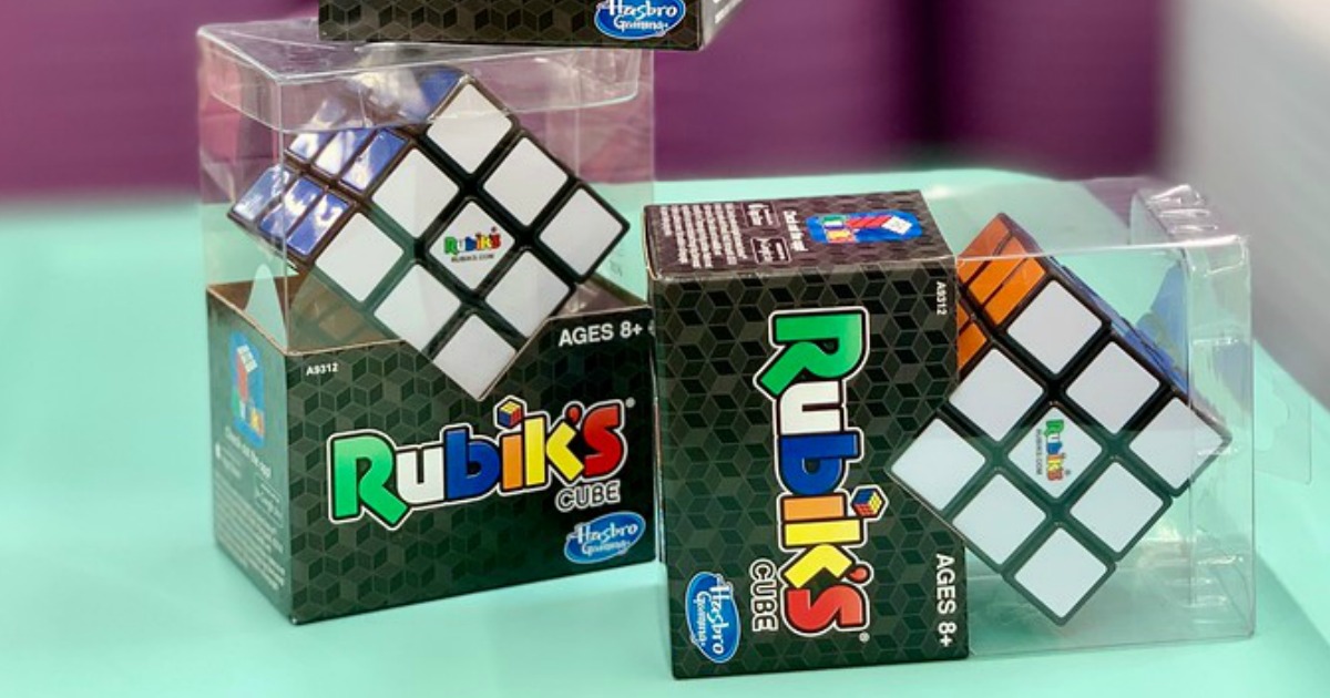 Rubik's cubes on display with blurry background