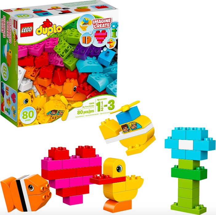 lego duplo set with a fish, heart, duck and tree