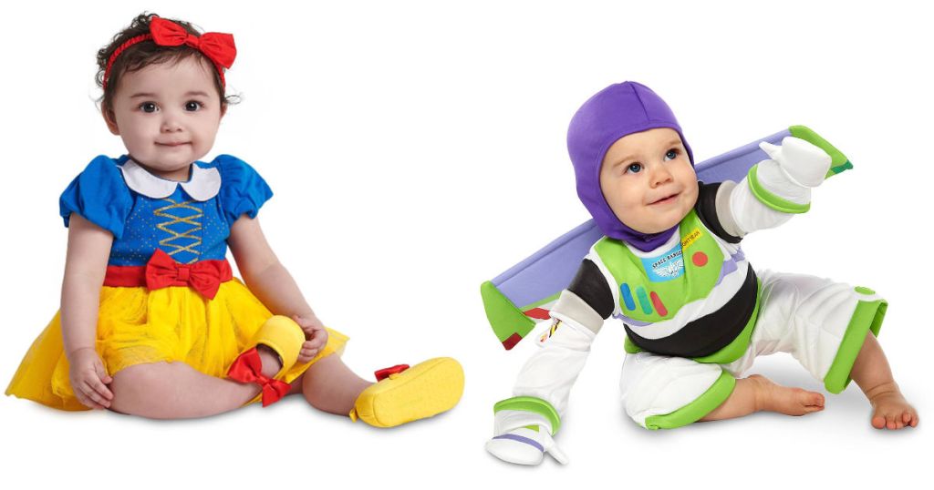 babies wearing snow white and buzz lightyear costumes