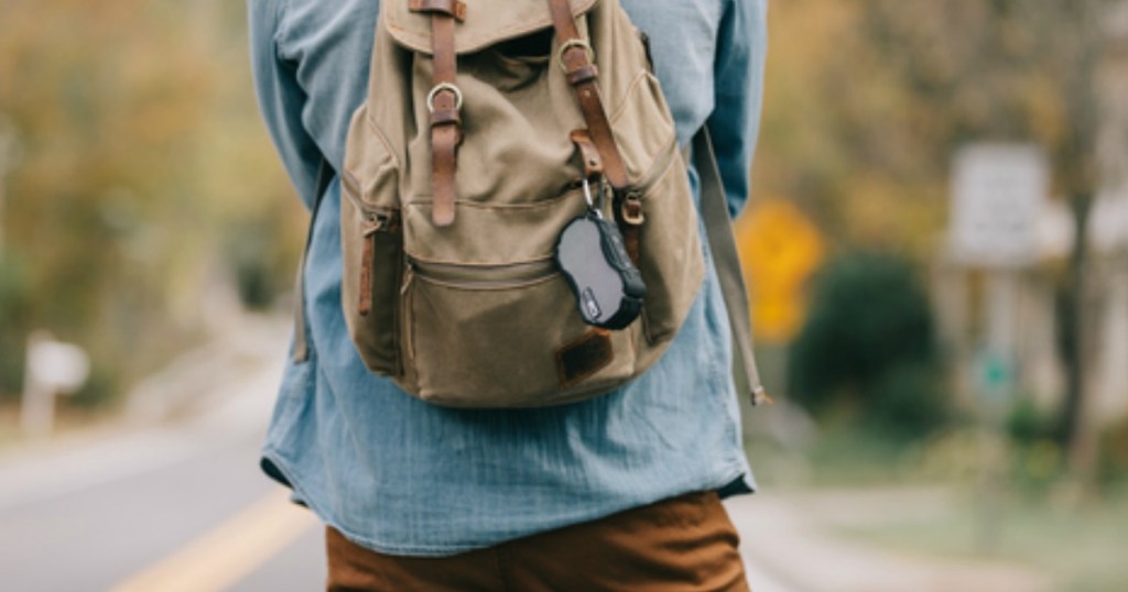 Speaker hanging on a backpack!