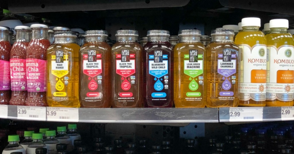 various iced tea bottles on a store shelf