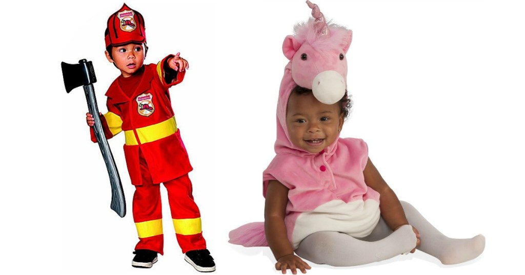 Toddler in Unicorn costume and boy in firefighter costume