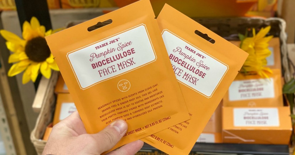 Trader Joe's Pumpkin Spice Mask in package in hand in-store