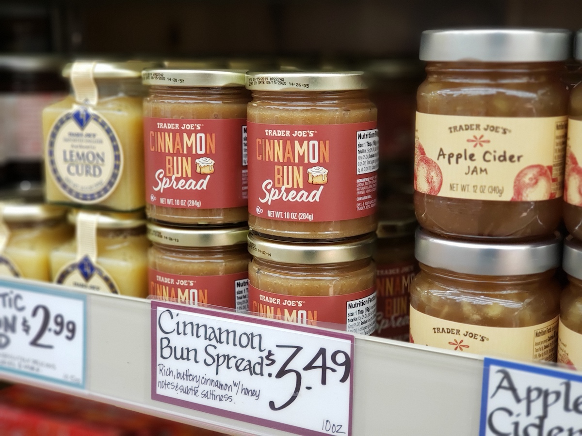 Trader Joe's Cinnamon Bun Spread with price tag