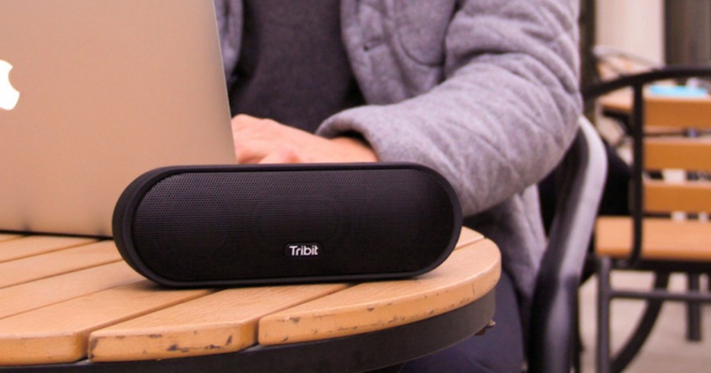 Tribit MaxSound Plus Portable Bluetooth Speaker sitting on a desk