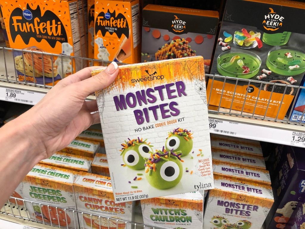 hand holding Tylina Sweetshop Monster Bites No Bake Cookie Dough Kit in store