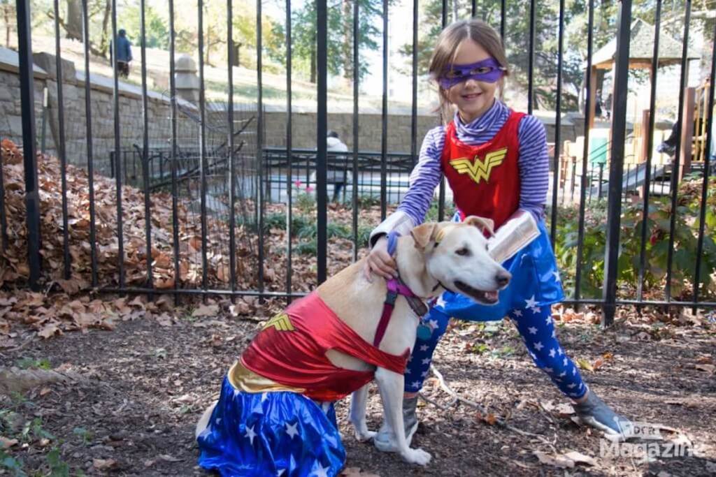 dog and girl wearing wonder woman costume outside