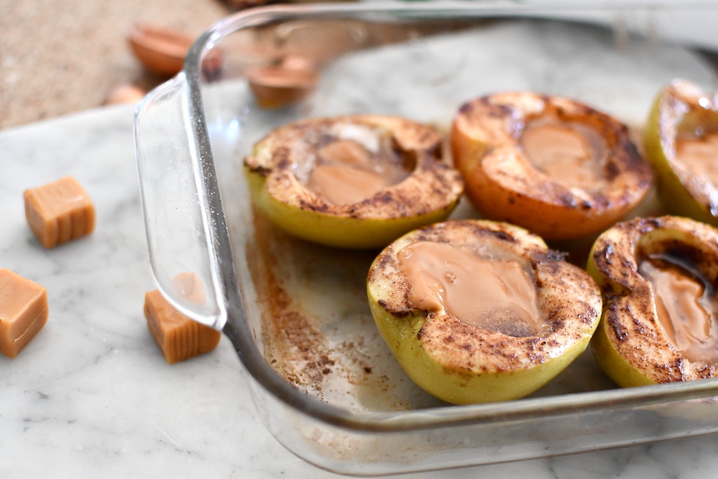 baked caramel apples in casserole dish 