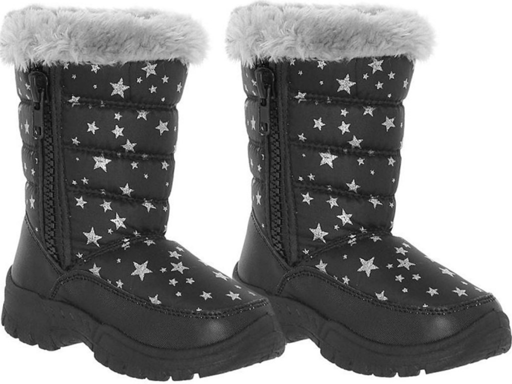 pair of black snow boots with stars on them