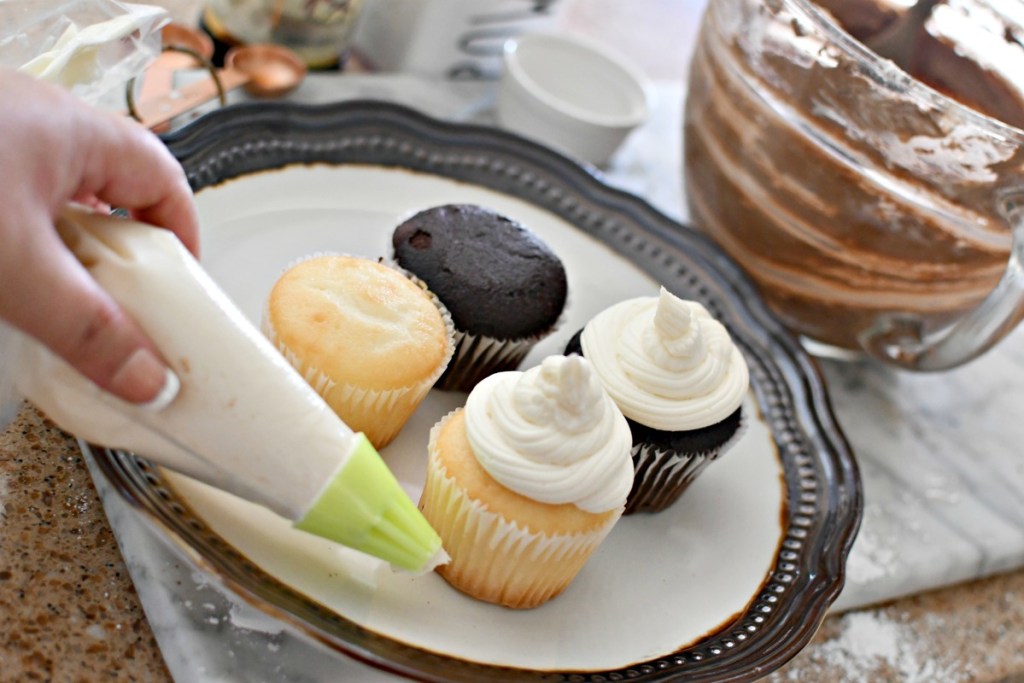 chocolate and vanilla buttercream frosting in a pastry bag 