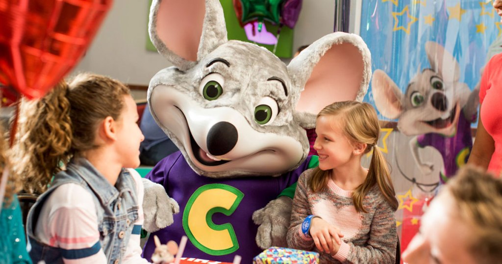 Chuck E. Cheese mouse and kids