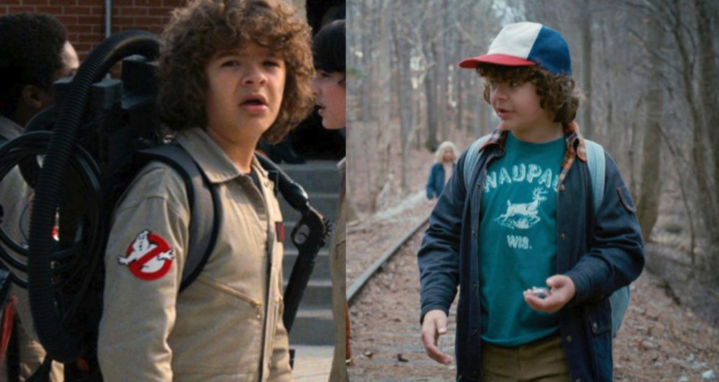 side by side of ghostbusters costume and dustin stranger things